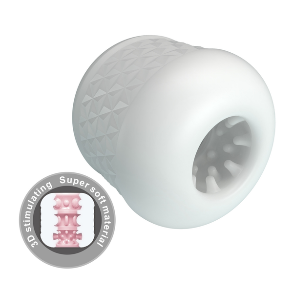 Three-quarter angle shot of the white Crystle masturbator sleeve, featuring a circular inset diagram illustrating its 3D internal stimulating texture.