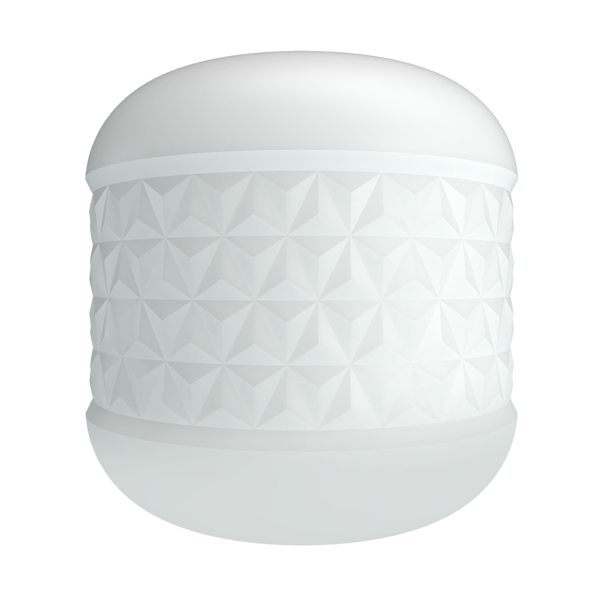 Side profile shot of the compact white Crystle masturbator sleeve, highlighting its geometric diamond-patterned center band.