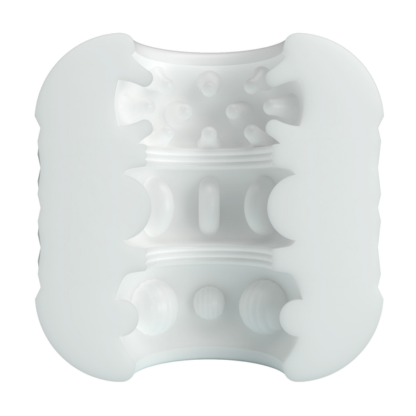 Cross-section view of the white Crystle male masturbator sleeve, showcasing its multi-textured internal canal with ribbed, dotted, and nubbed chambers.