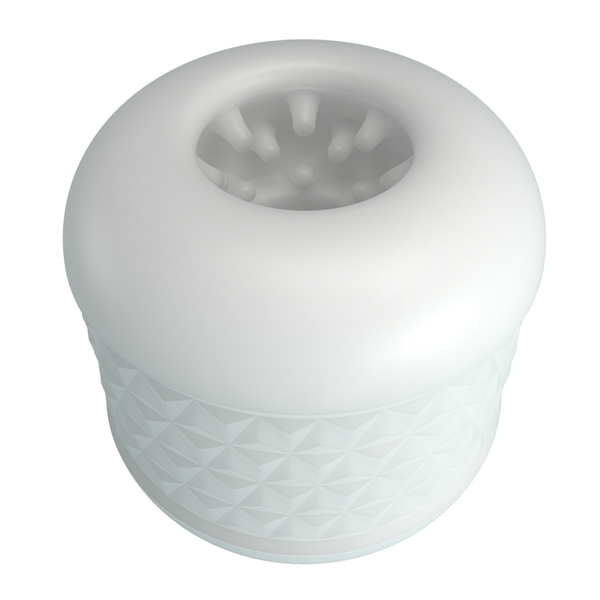 High-angle studio view of the white Crystle masturbator sleeve standing upright, showcasing its smooth entry collar and geometric textured body.