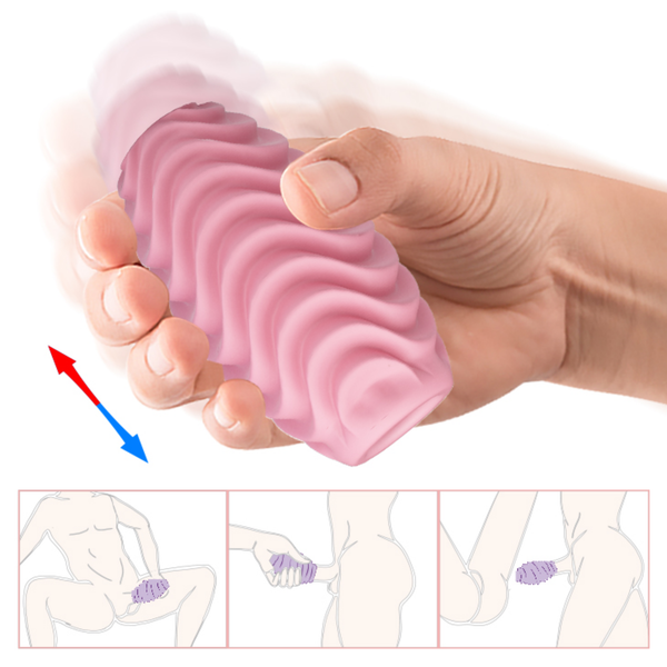 Usage demonstration showing a hand gripping the flexible pink egg with motion blur arrows, alongside instructional line drawings at the bottom illustrating application during solo play.