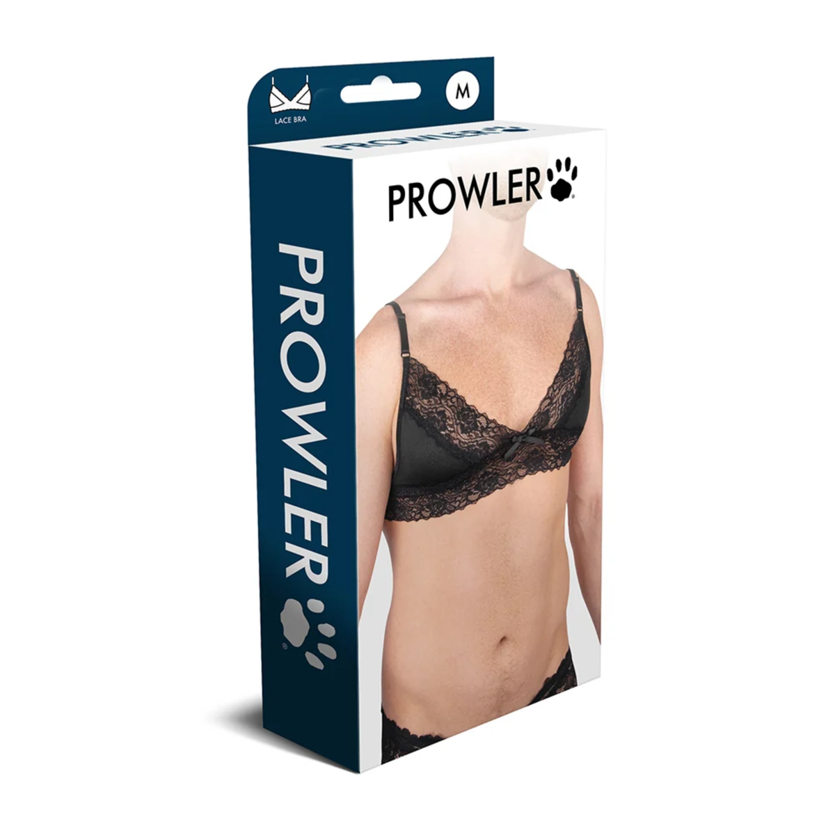 Perspective packaging view of the Prowler Male Lace Bra box featuring a close-up model shot, size "M" label badge, and Prowler paw logo branding on the side spine. Main image