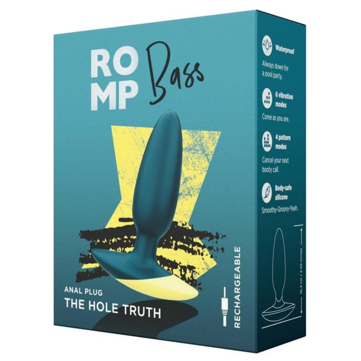 Retail box packaging view for the ROMP Bass Vibrating Anal Plug "The Hole Truth" featuring product specs along the side. Main image