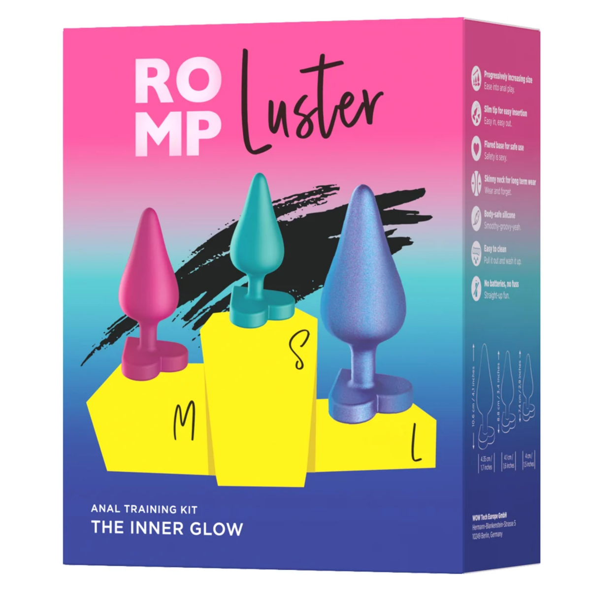 Front retail box packaging shot for the ROMP Luster Anal Training Kit "The Inner Glow", illustrating the three sizes (S, M, L) on a yellow podium with key feature callouts along the side. Main image