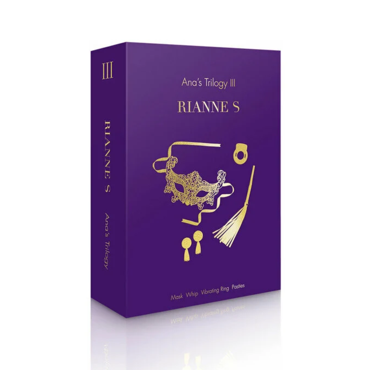 Deep purple outer presentation box for Rianne S Ana's Trilogy III Kit with gold foil lettering and minimal icon line art. Main image