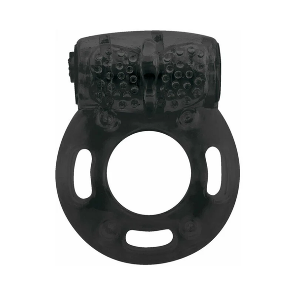 Top-down view of a black silicone vibrating cock ring with textured stimulation nubs on the upper bullet housing and side loop openings.