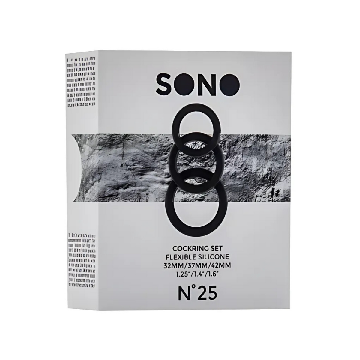 Packaging for the SONO N°25 C-ring Set. Box shows three interlocking black rings and lists the sizes: 32mm, 37mm, and 42mm. The set is made from flexible silicone. Main image