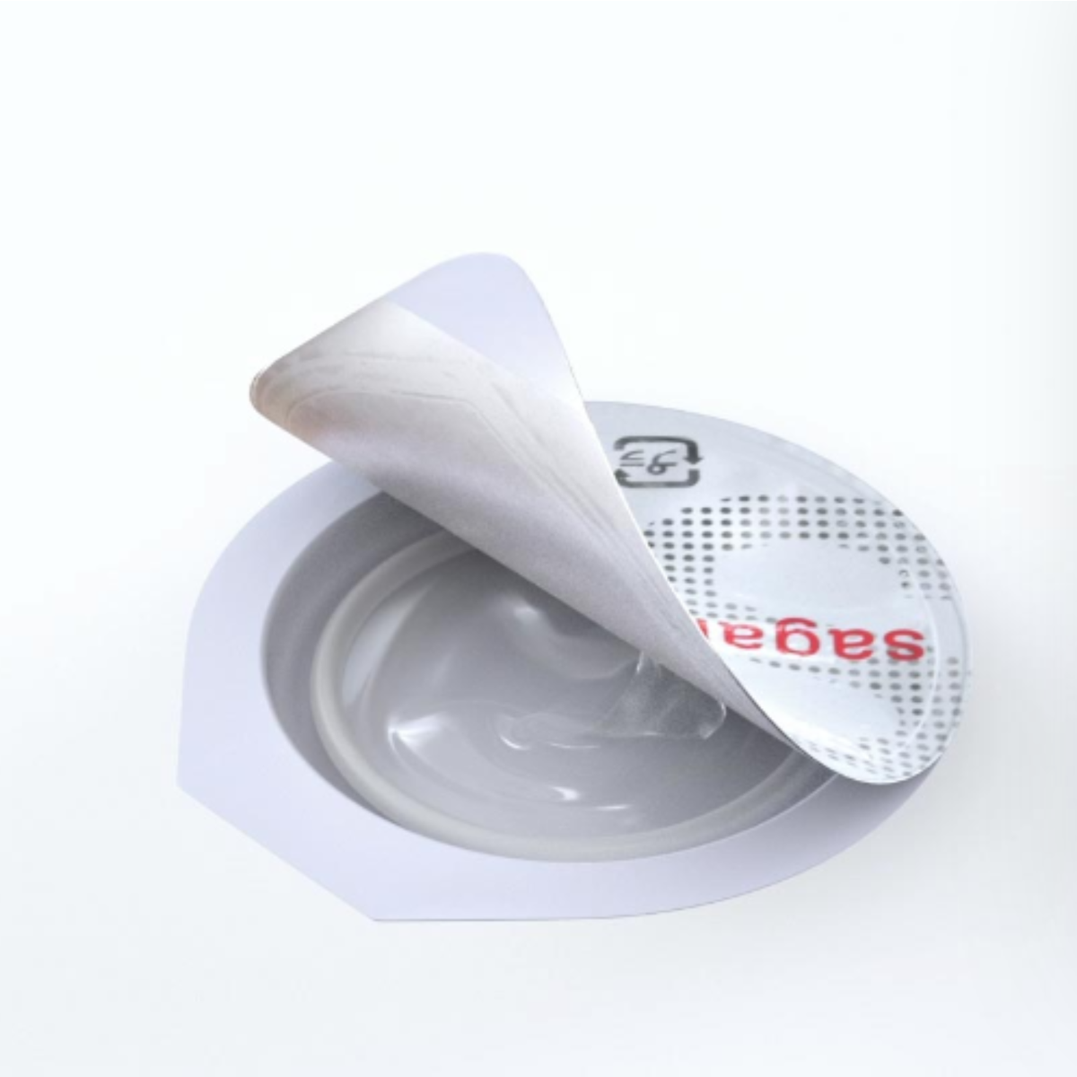 An image of partially opened Sagami Original 001 condom wrapper in a white background.