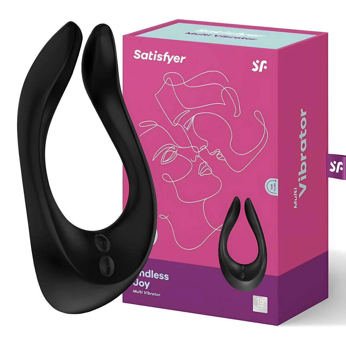 Satisfyer Endless Joy Black vibrator displayed next to original pink packaging box Main image
