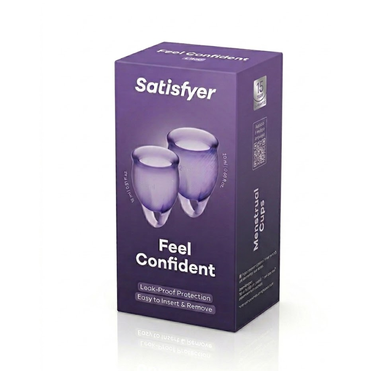 Product packaging photo showing the purple box for Satisfyer Feel Confident Menstrual Cups in Lilac, highlighting its 15-year guarantee and leak-proof claim. Main image