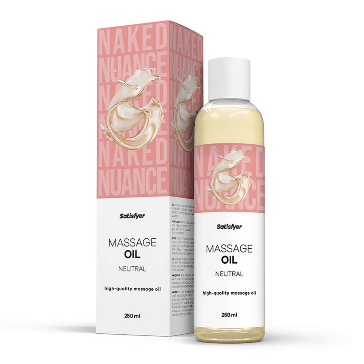 Product packaging display showing the 250 ml clear bottle of Satisfyer Neutral Massage Oil standing next to its pink and white box. Main image