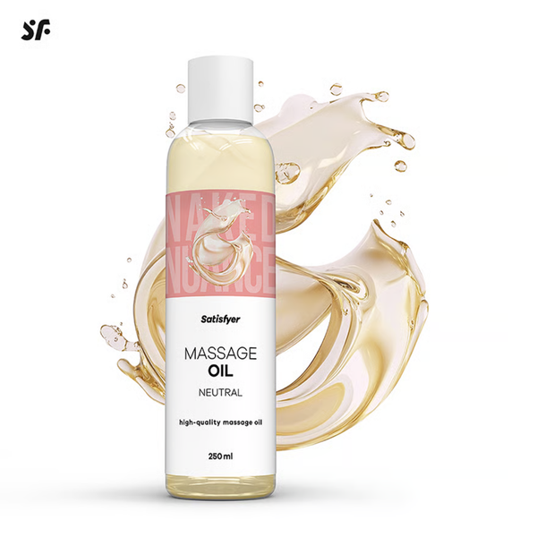Studio product shot of the 250 ml clear bottle of Satisfyer Naked Nuance Neutral Massage Oil with a white cap, surrounded by golden oil splash graphics.