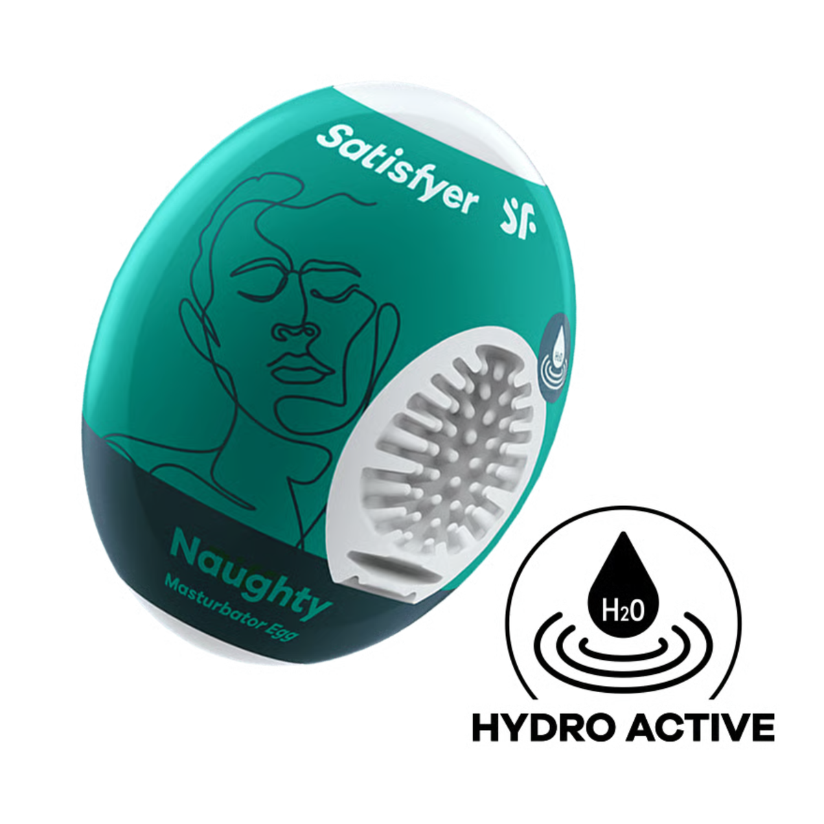 Studio product shot of the teal and dark slate Satisfyer Naughty Masturbator Egg packaging, displaying a cutaway to the spiky-textured white inner sleeve and a circular "Hydro Active" icon below.