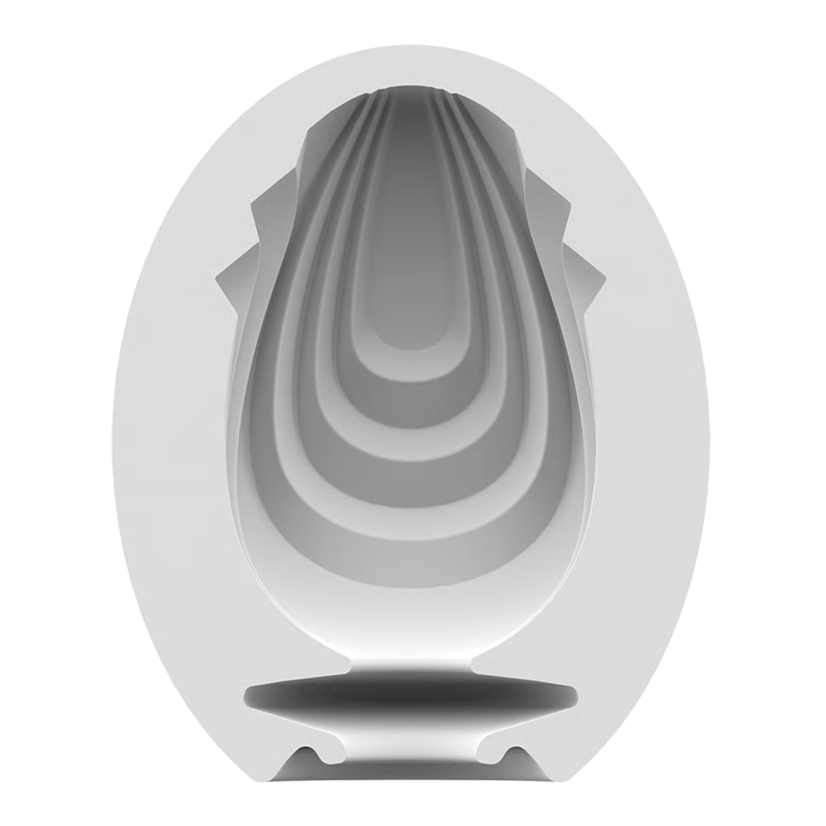 Cross-section view of the flexible white silicone inner sleeve for the Satisfyer Savage Masturbator Egg, revealing an internal pattern of smooth concentric oval rings for stimulation.