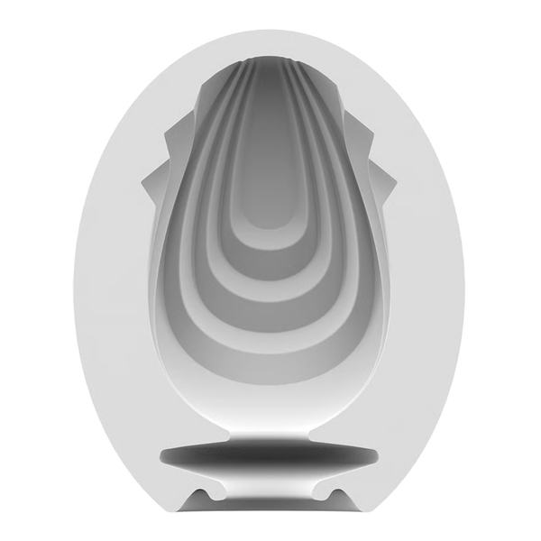 Cross-section view of the flexible white silicone inner sleeve for the Satisfyer Savage Masturbator Egg, revealing an internal pattern of smooth concentric oval rings for stimulation.