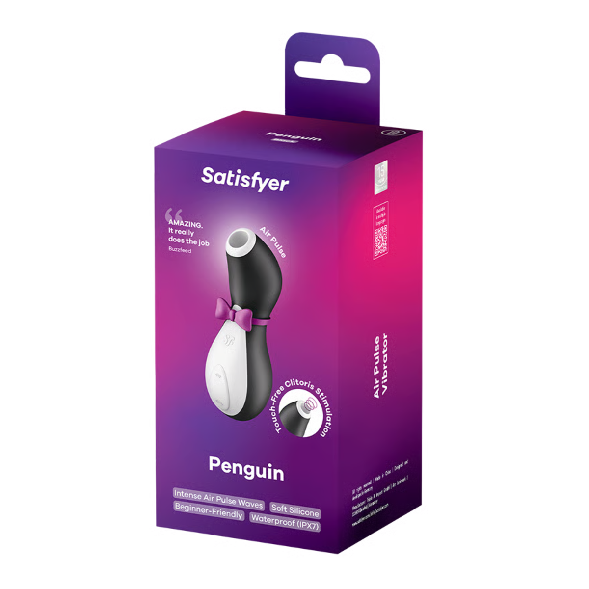 Packaging shot of the Satisfyer Penguin Air Pulse Vibrator in a purple and pink box, displaying product imagery, features, and a press quote from Buzzfeed. Main image