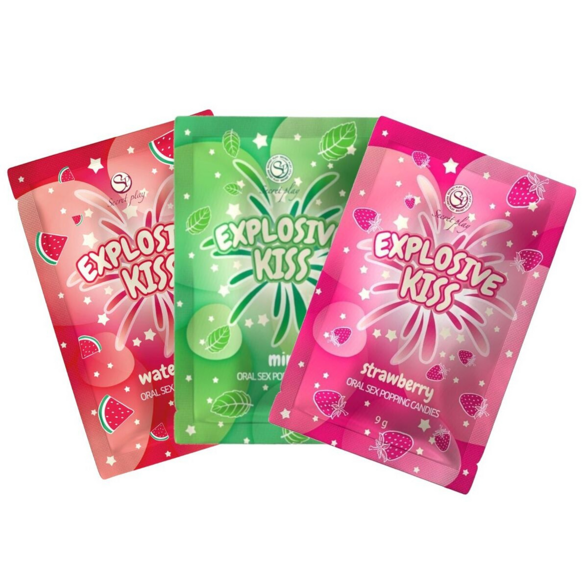 Secret Play Explosive Kiss strawberry, mint, and watermelon flavored oral sex popping candies on a white background. Main image