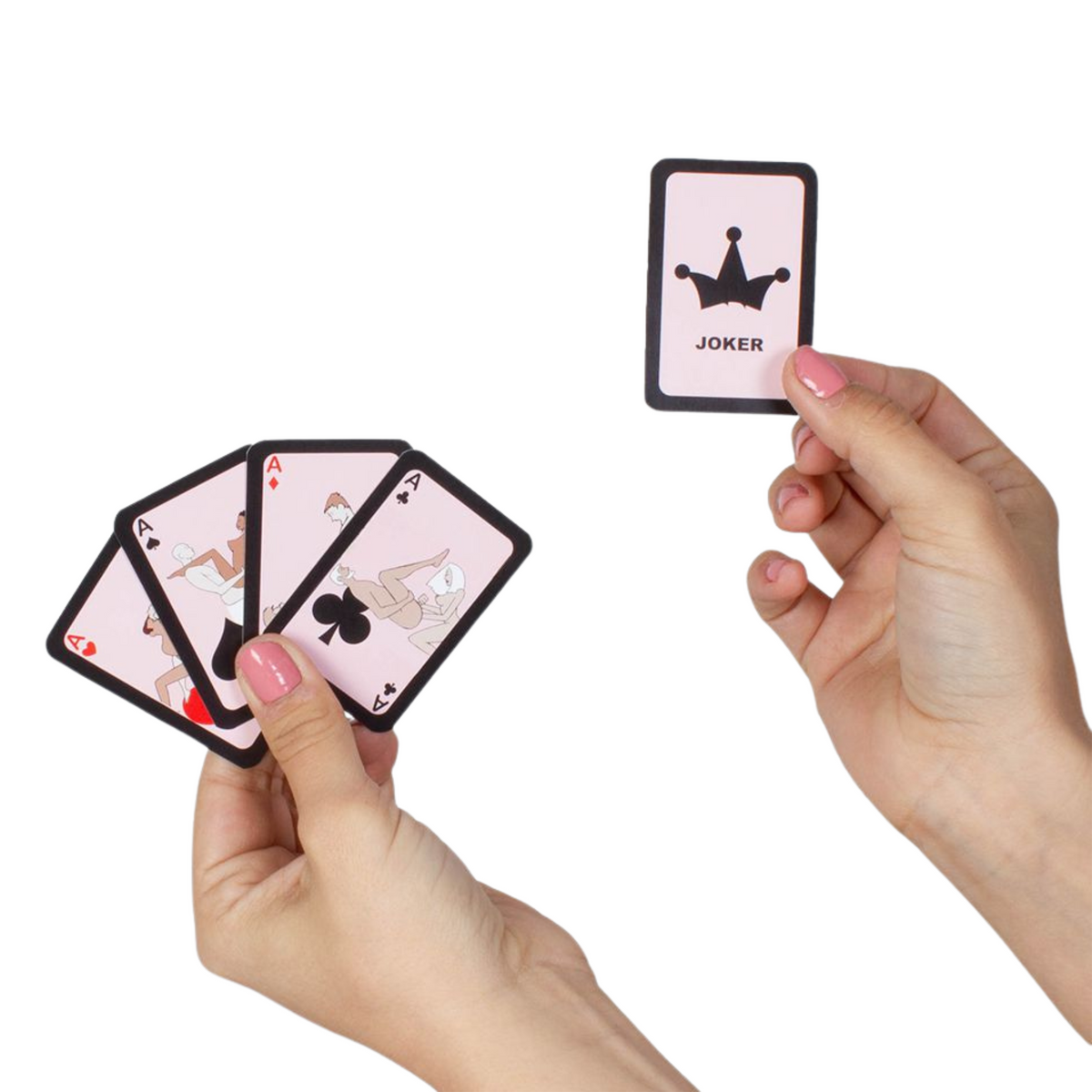Hands holding secret play mini Kamasutra playing cards with a joker card on a white background Main image