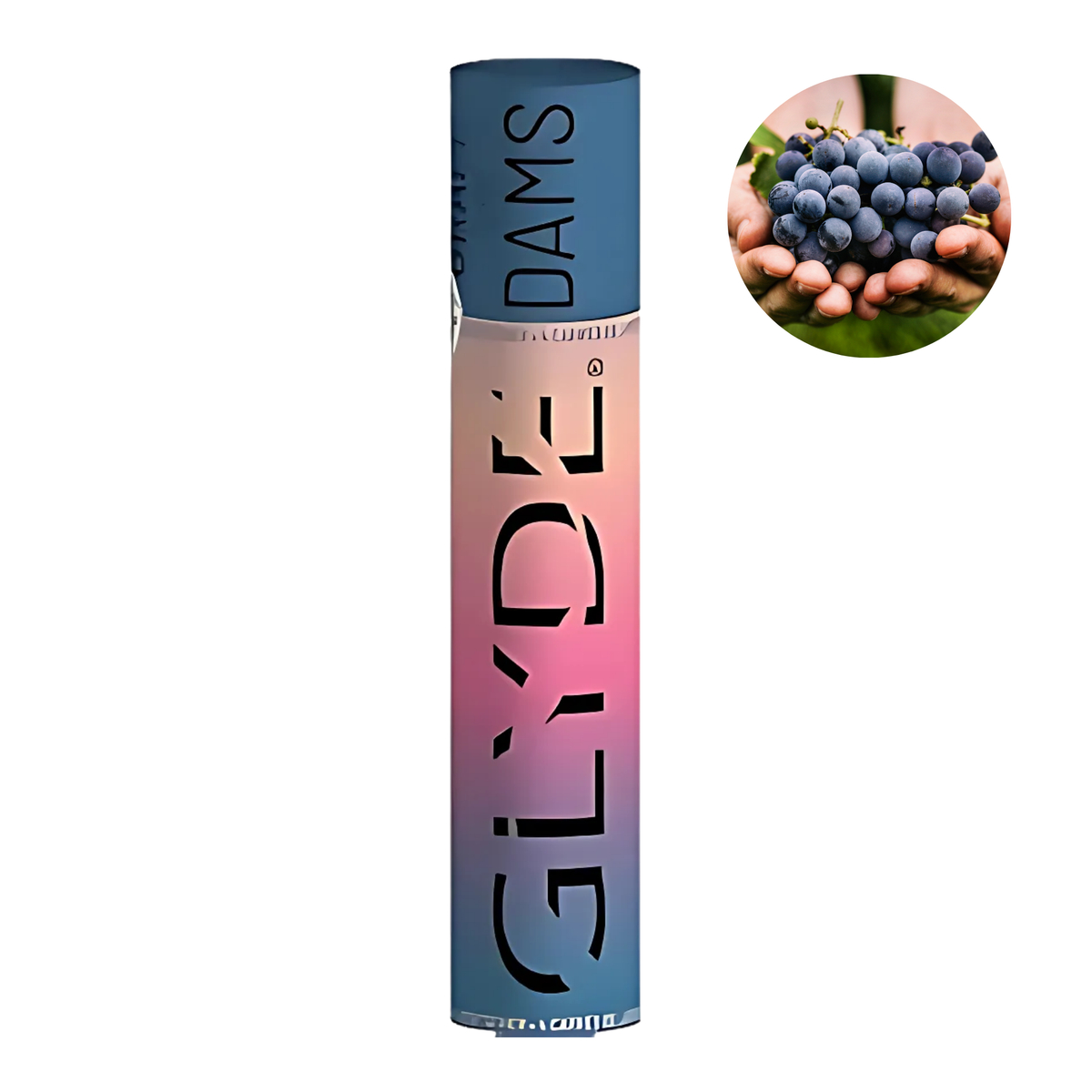 Box with 'GLYDE' branding grape flavour dams  and a close-up of grapes in the corner. Main image