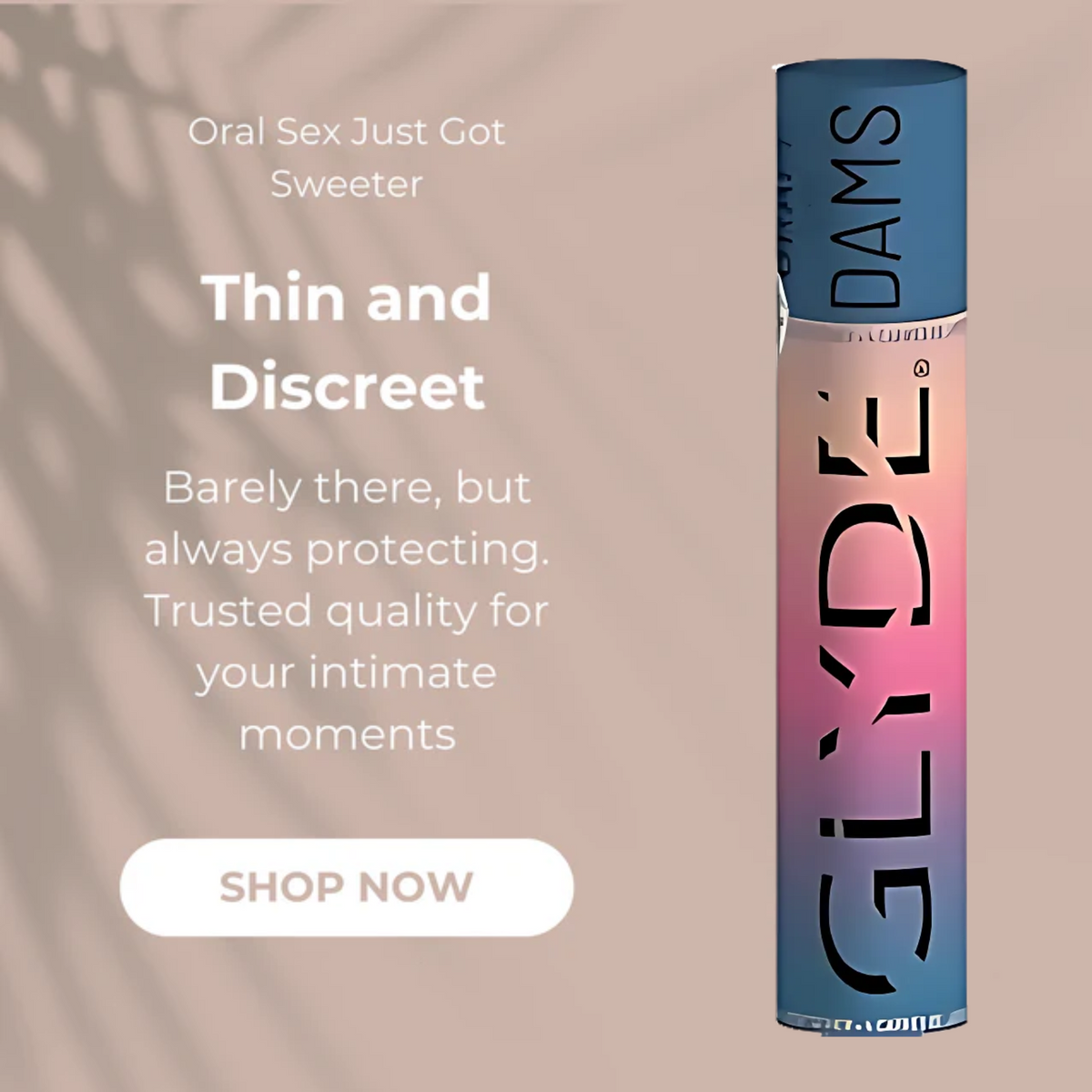 Glyde grape falvour dams container with promotional text on a gradient background