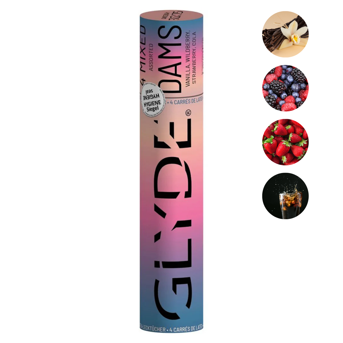 Gradient tube packaging with 'GLYDE' branding and images of mixed berries, cola and vanilla on a white background Main image