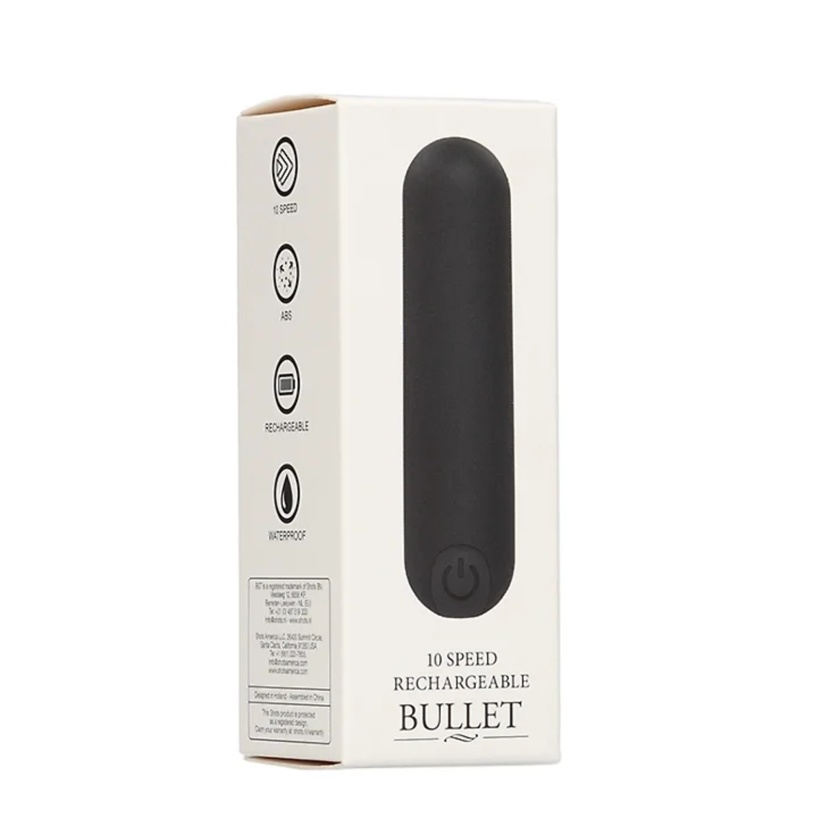 Packaging for a Black Shots 10 Speed Rechargeable Bullet vibrator, highlighting features like ABS material, rechargeable battery, and waterproof design. Main image