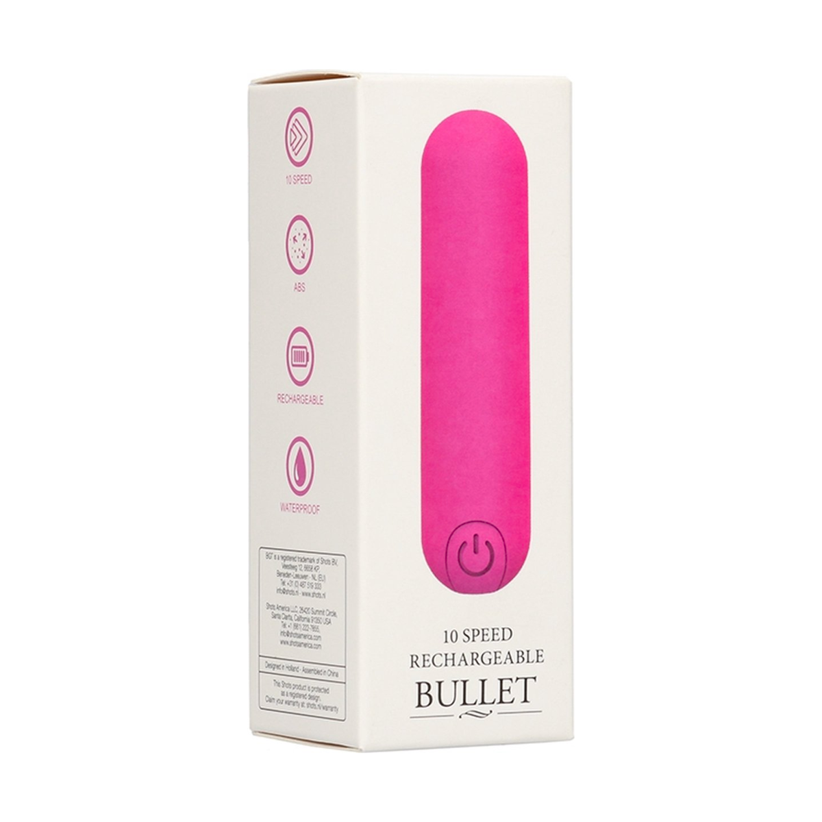 Packaging for a pink 10 Speed Rechargeable Bullet vibrator, showing features like ABS material, rechargeable battery, and waterproof design. Main image