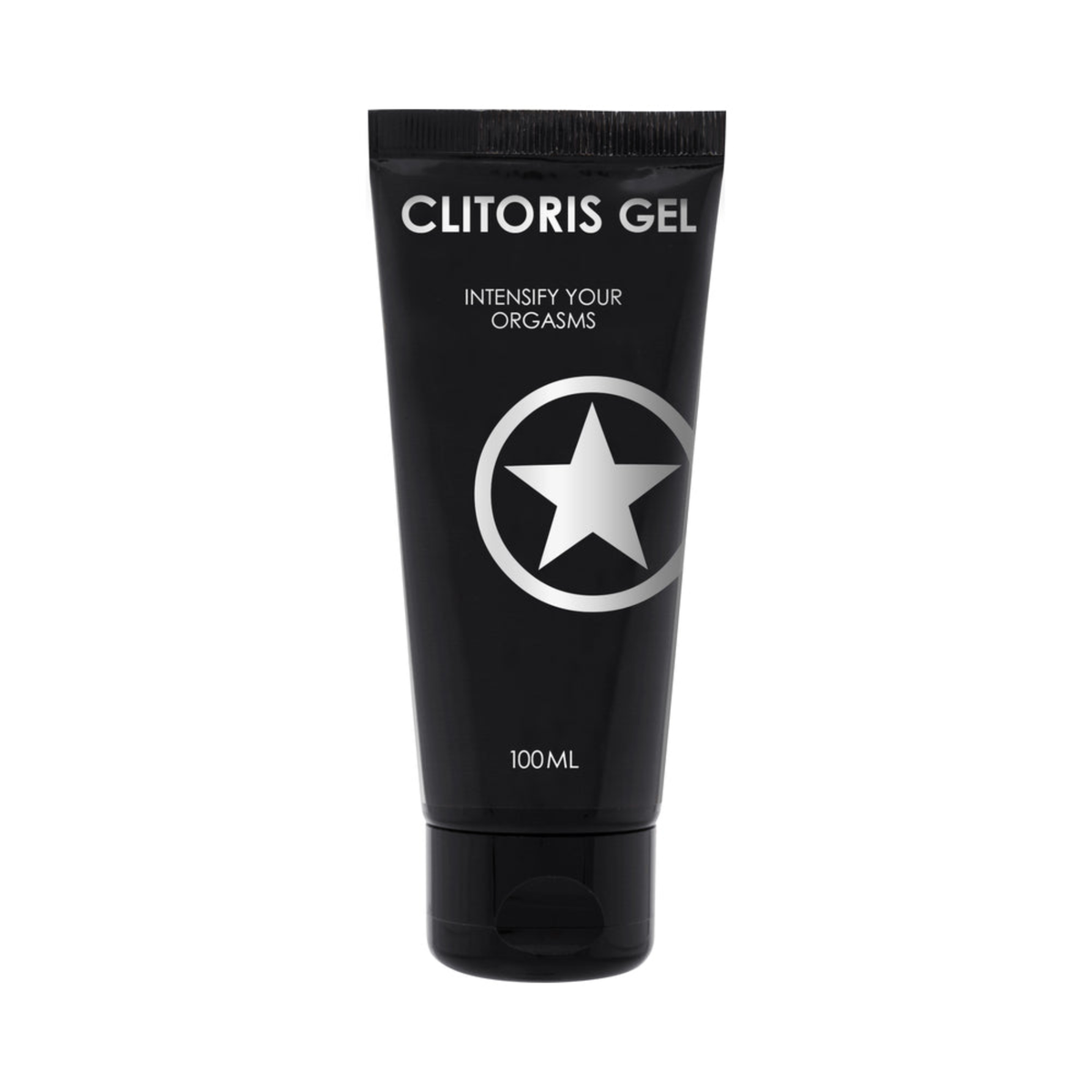 Front product view of a 100 ml (3.38 fl oz) matte black squeeze tube of Shots Clitoris Gel featuring white text stating "Intensify Your Orgasms" and a large silver star emblem at the center.