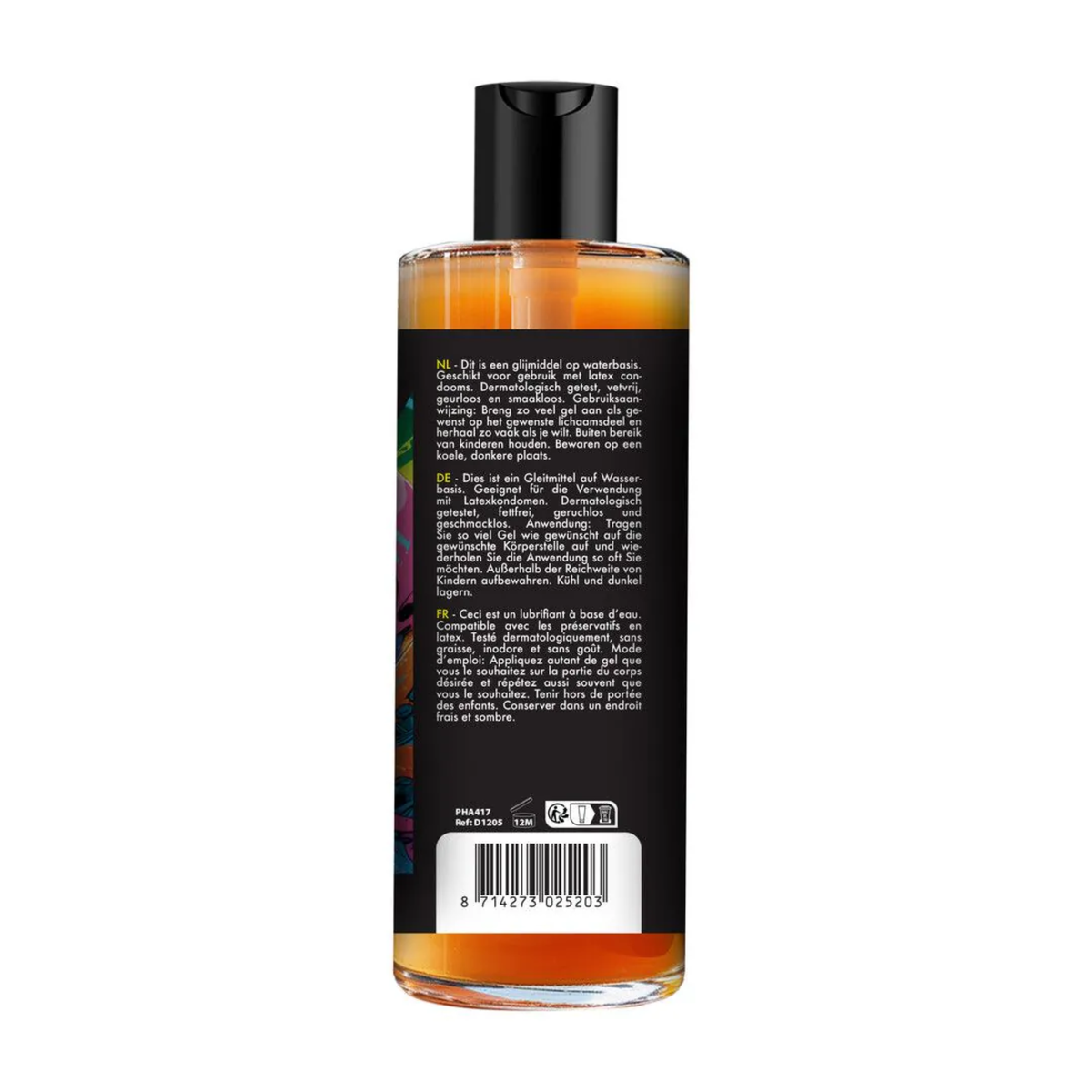 Back view of a clear bottle filled with amber-orange lubricant, featuring a black label with multi-language usage instructions, product reference numbers, barcode, and recycling icons.