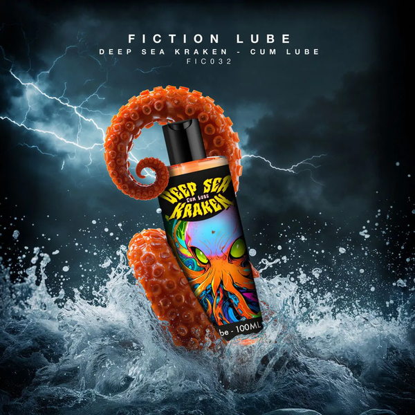 Promotional artwork depicting an orange tentacle emerging from crashing ocean waves under a stormy, lightning-filled sky while holding a bottle of Deep Sea Kraken Cum Lube.
