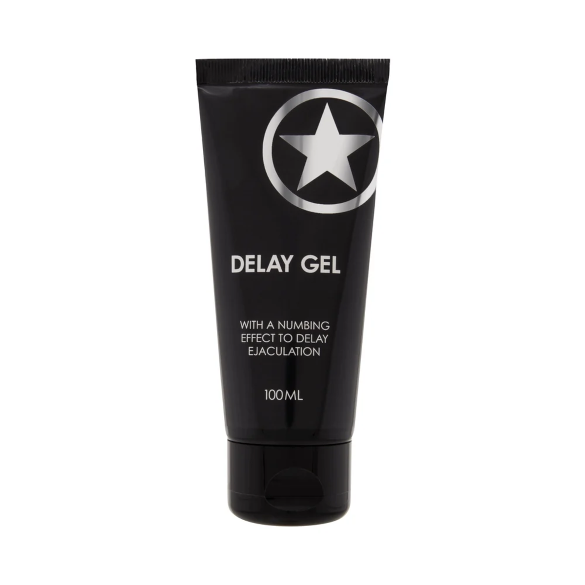 Front studio view of the 100 ml (3.38 fl oz) matte black squeeze tube of Shots Delay Gel featuring a silver star logo and white text stating "With a numbing effect to delay ejaculation"