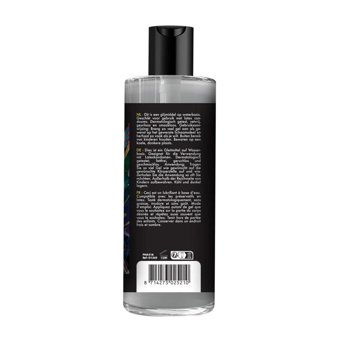 Back view of the clear bottle showing the black label with multi-language usage instructions, product reference codes, barcode, and recycling symbols.