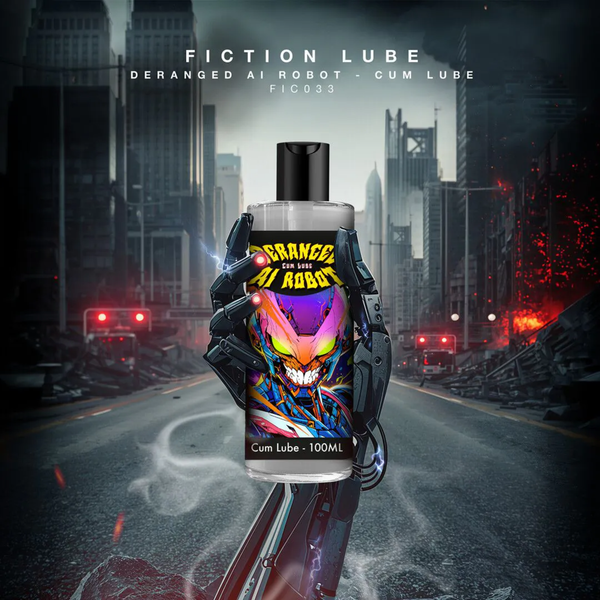 Promotional graphic depicting a robotic arm holding a bottle of Deranged AI Robot Cum Lube against a post-apocalyptic city street background with glowing red lights and smoke.