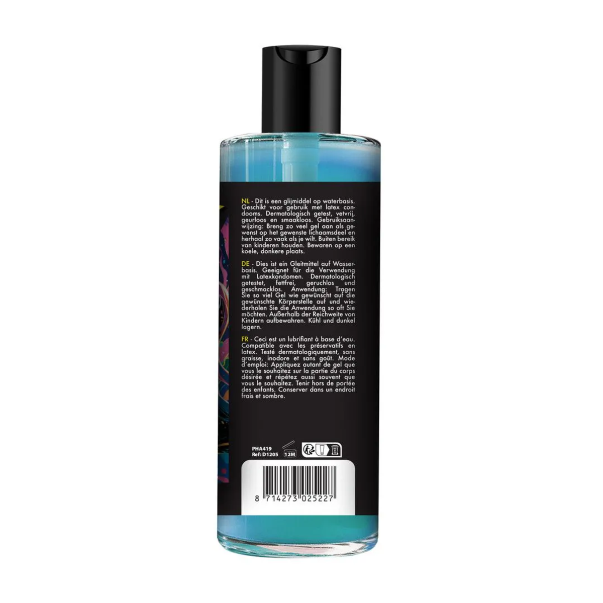 Back view of the clear bottle showing the black label with multi-language product directions, reference code PHA419, barcode, and recycling icons.