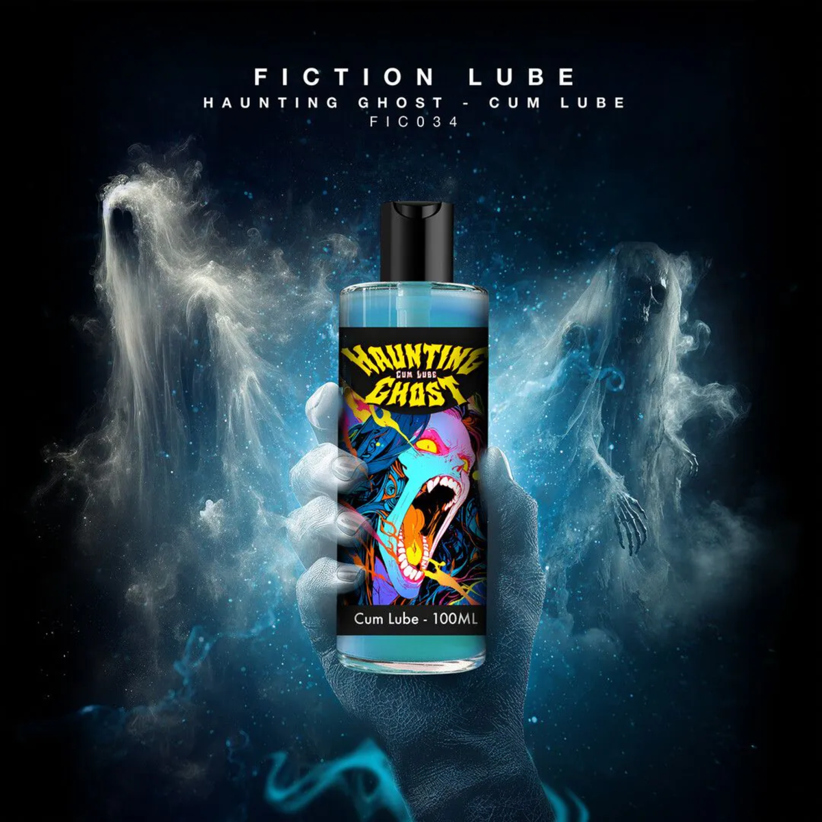 Promotional artwork showing a ghostly, translucent hand holding a bottle of Haunting Ghost Cum Lube against a dark blue background with smoky specters and glowing particles.