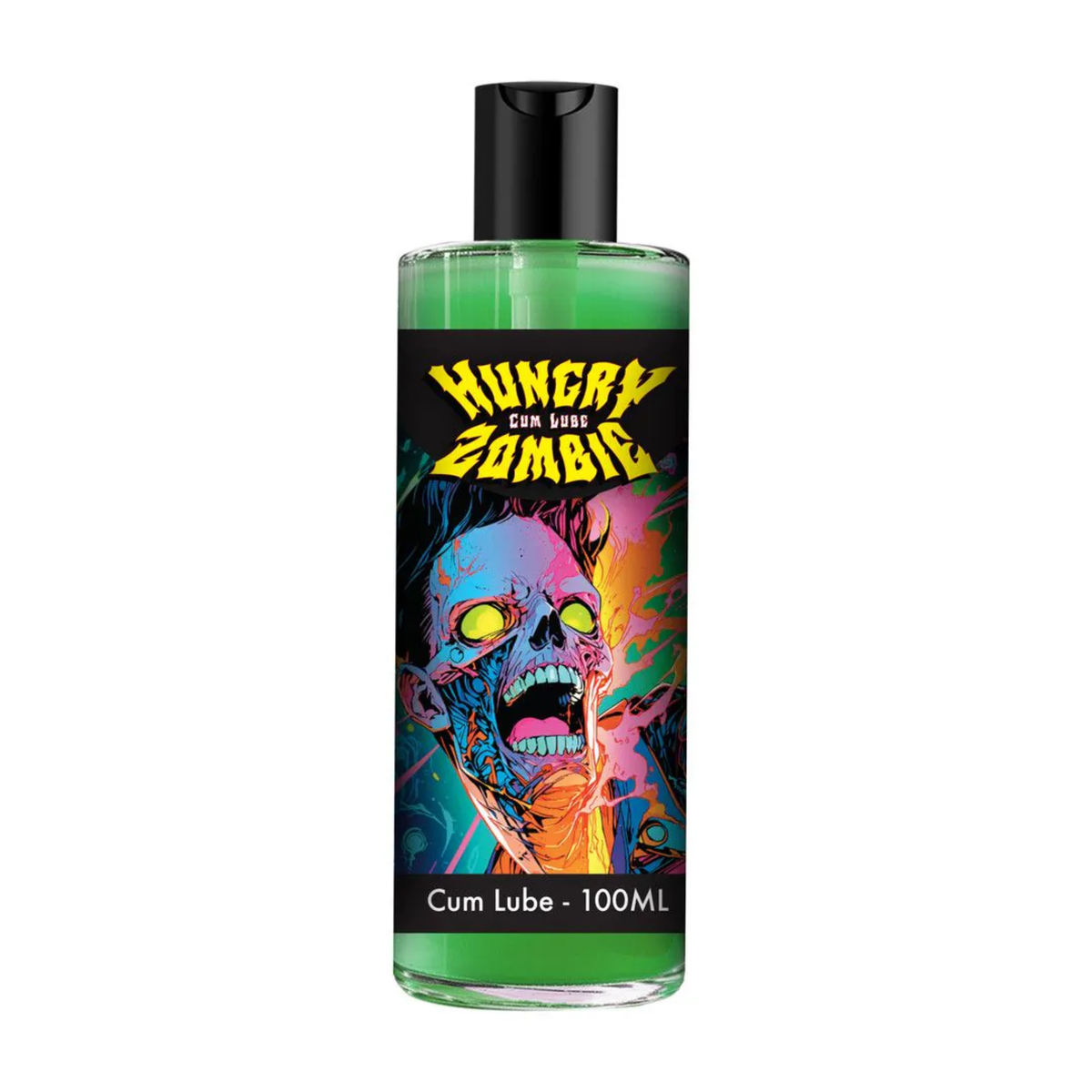 Front studio shot of the clear bottle filled with green lubricant, featuring a vibrant, pop-art style zombie illustration beneath the yellow and black "Hungry Zombie Cum Lube" logo. Main image