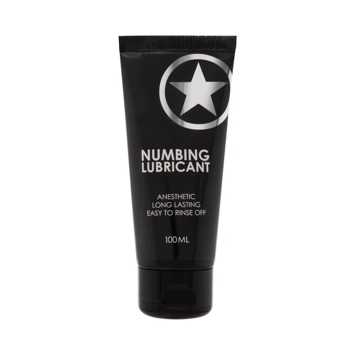 Front product view of a 100 ml (3.38 fl oz) matte black squeeze tube of Shots Numbing Lubricant featuring a prominent silver star emblem at the top and white text detailing "Anesthetic," "Long Lasting," and "Easy to Rinse Off". Main image