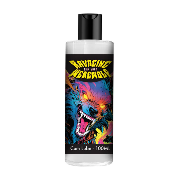 Front studio shot of the clear bottle filled with milky-white lubricant, featuring a vibrant, colorful illustration of a snarling werewolf beneath yellow logo text reading "Ravaging Werewolf Cum Lube".
