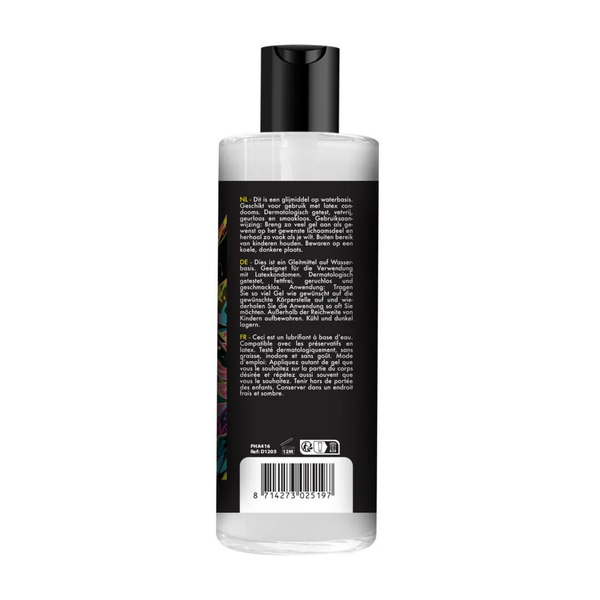 Back view of the clear bottle showing the black label with multi-language product directions, reference codes, barcode, and recycling icons.