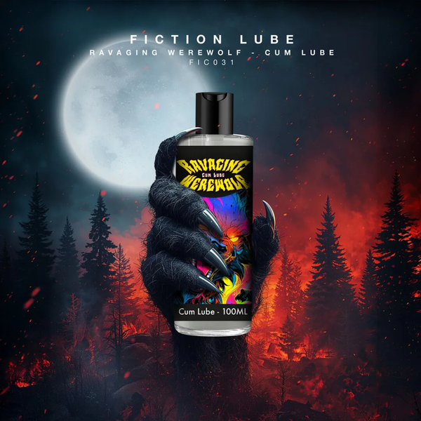 Promotional artwork depicting a clawed, furry werewolf hand clutching a bottle of Ravaging Werewolf Cum Lube against a fiery forest backdrop illuminated by a full moon.