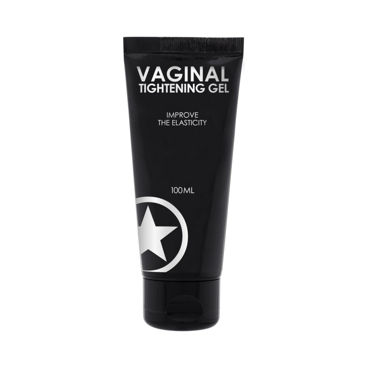 Front product view of a 100 ml (3.38 fl oz) black squeeze tube of Shots Vaginal Tightening Gel featuring white text stating "Improve the Elasticity" and a large white star logo near the bottom flip-cap base. Main image