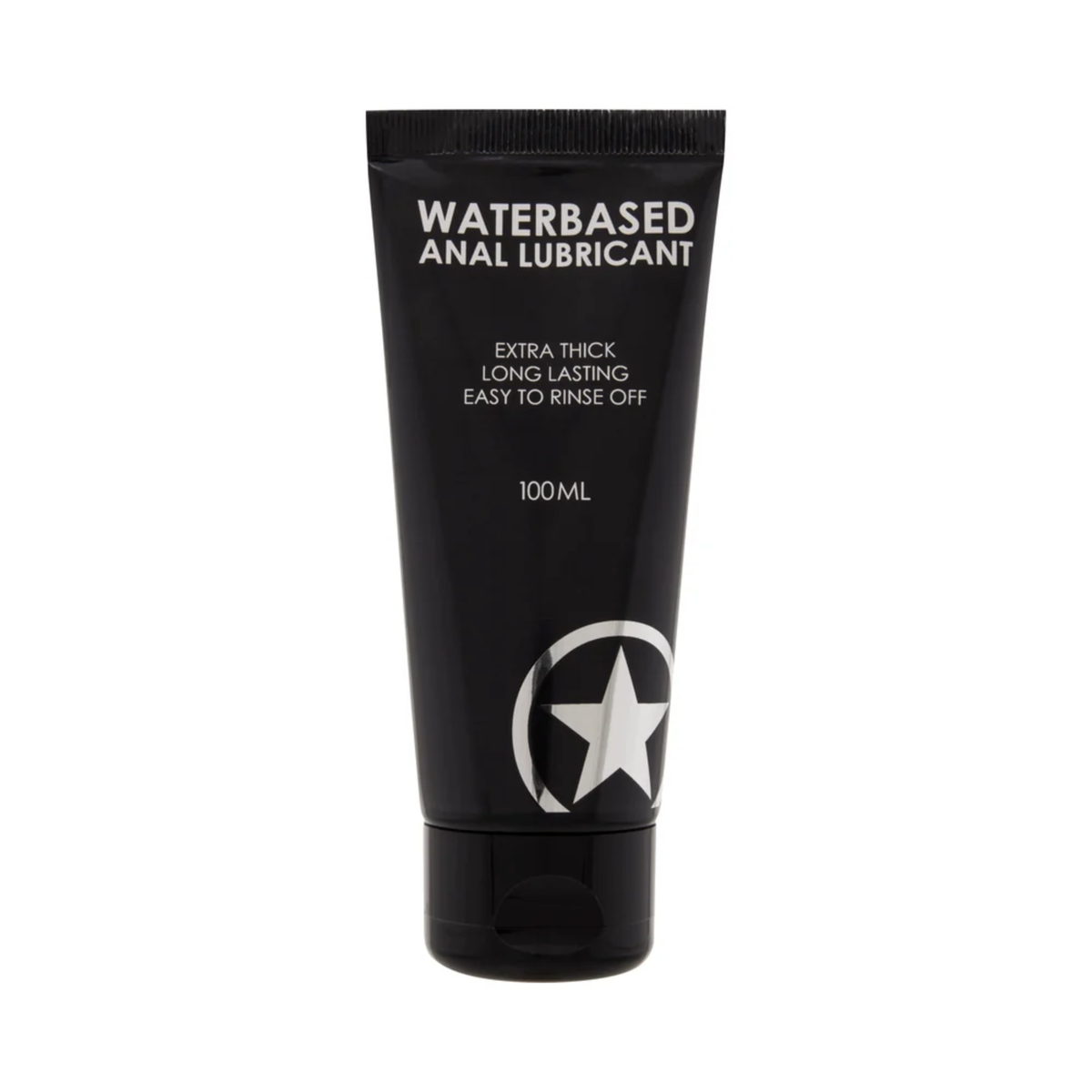 Front product view of a 100 ml (3 fl oz) matte black squeeze tube of Shots Water-Based Anal Lubricant featuring white text highlights and a silver star logo near the base. Main image