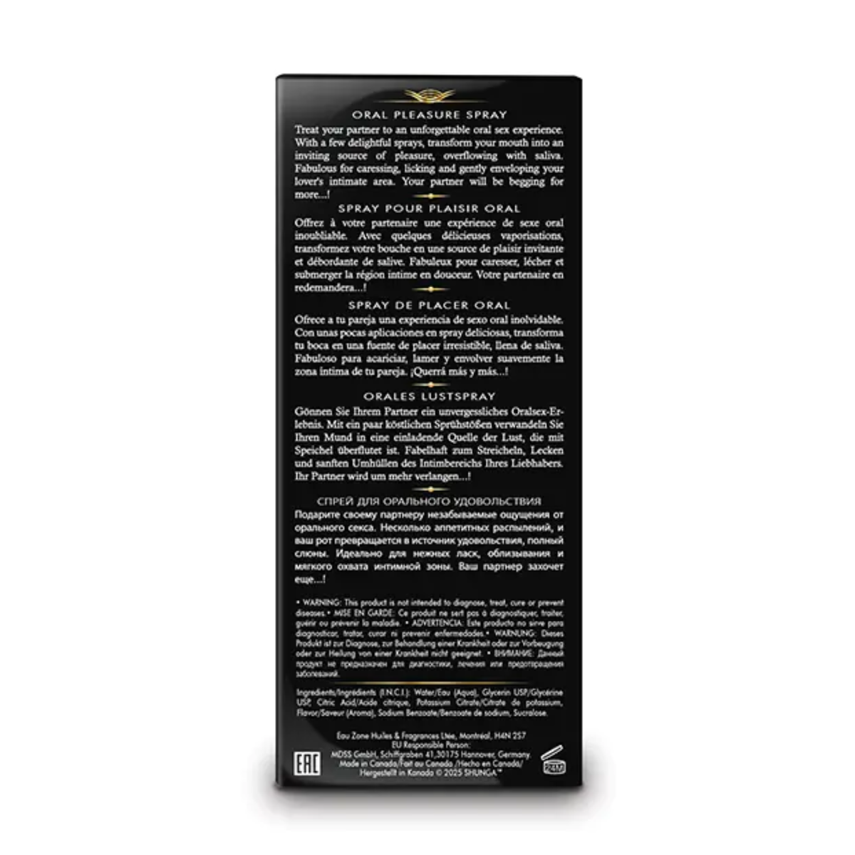 Back packaging view of the box displaying product description in multiple languages, warnings, full ingredients list, barcode, and manufacturer details.