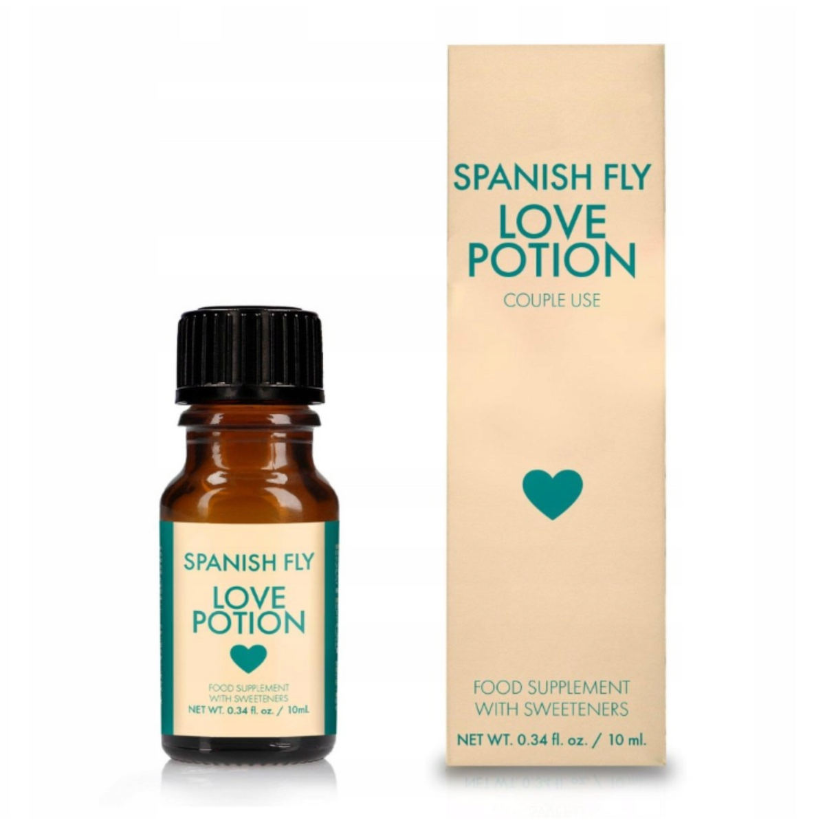 A small, brown dropper bottle of "Spanish Fly Love Potion" stands next to its retail box. The bottle label and box share a teal and beige design with a heart icon. The package indicates it is a "FOOD SUPPLEMENT WITH SWEETENERS," 0.34 fl. oz./10 mL. Main image