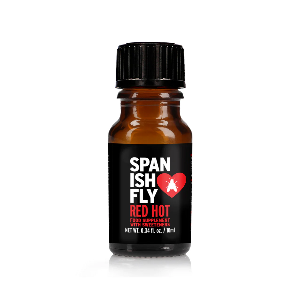 An image of a small, dark brown dropper bottle with a black cap. The black, red, and white label reads "SPANISH FLY RED HOT" with the heart and fly logo, and "FOOD SUPPLEMENT WITH SWEETENERS NET WT. 0.34 FL. OZ. / 10ML."
