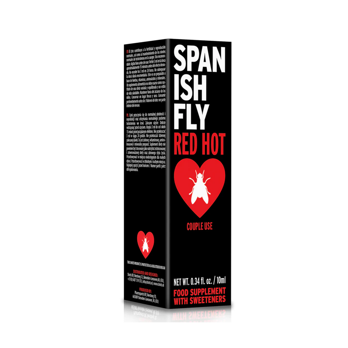 A shot of the Spanish Fly Red Hot box. The design is black, red, and white. The text is in large block letters: "SPANISH FLY RED HOT COUPLE USE" with the logo. Usage information in multiple languages is visible on the left side.