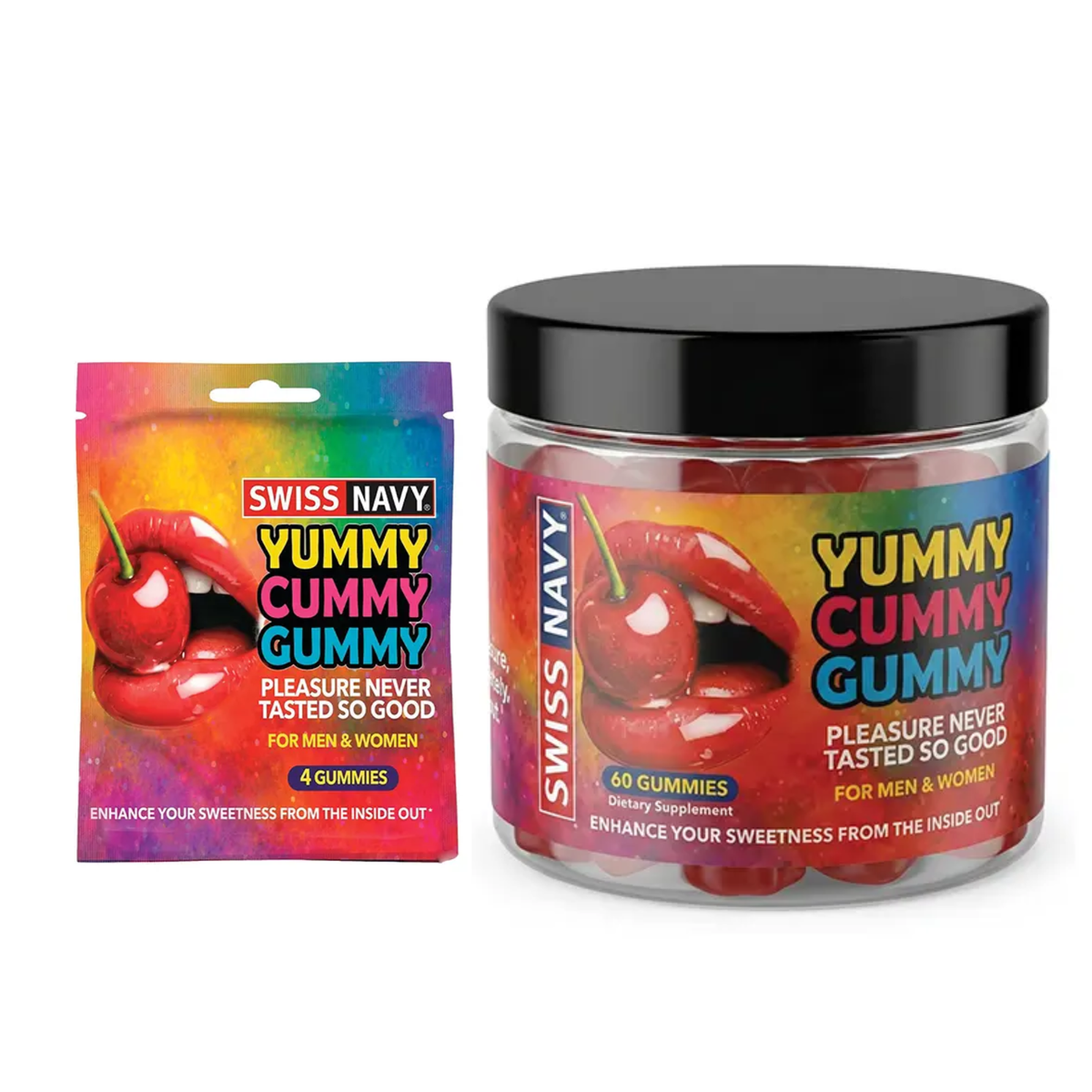 Studio composition showing both retail formats side-by-side: the 4-count sample pouch and the 60-count supplement jar. Main image