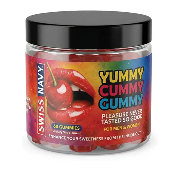 Front studio shot of the 60-count clear plastic jar of Swiss Navy Yummy Cummy Gummy dietary supplement with a black lid and vibrant multi-colored label.