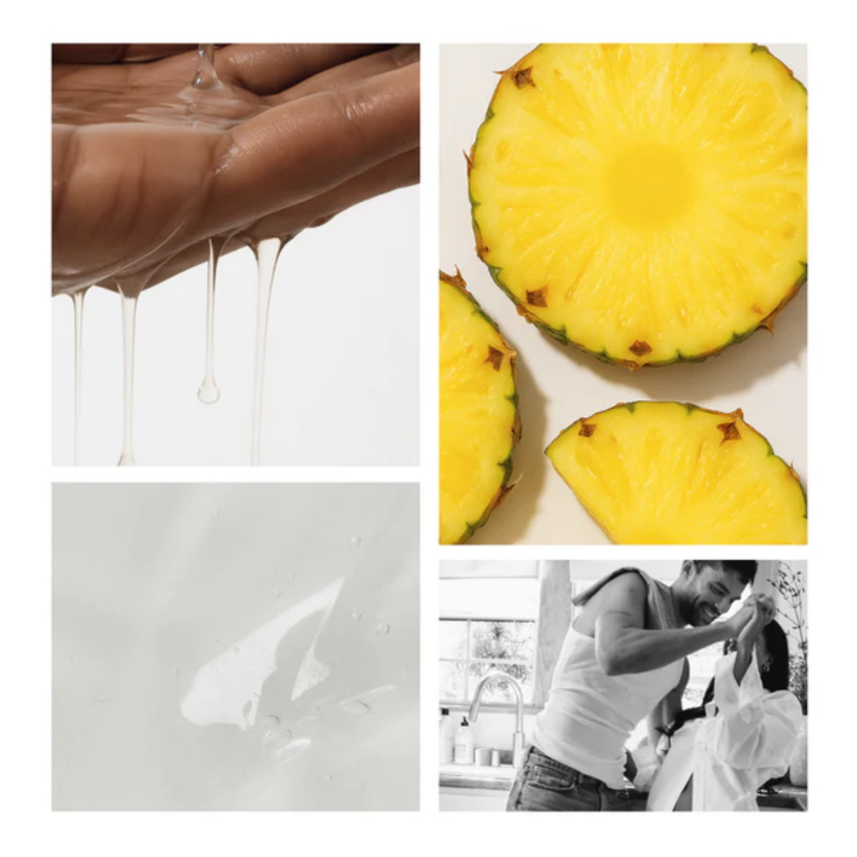 A four-panel lifestyle and texture collage for System JO H2O lubricant. It includes images of a clear liquid gel, slices of fresh yellow pineapple, and a couple playfully interacting together.