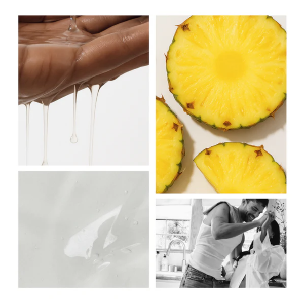 A four-panel lifestyle and texture collage for System JO H2O lubricant. It includes images of a clear liquid gel, slices of fresh yellow pineapple, and a couple playfully interacting together.